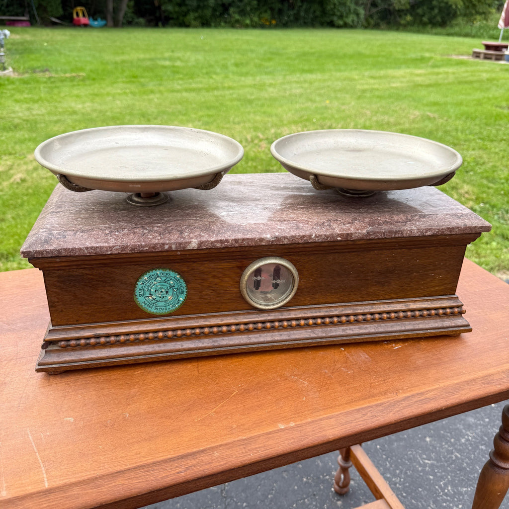 Vintage Granite Top & Oak Wood Apothecary Mercantile Scale Double Tray