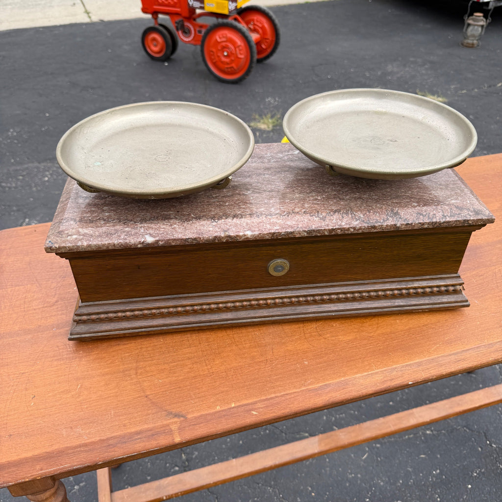 Vintage Granite Top & Oak Wood Apothecary Mercantile Scale Double Tray