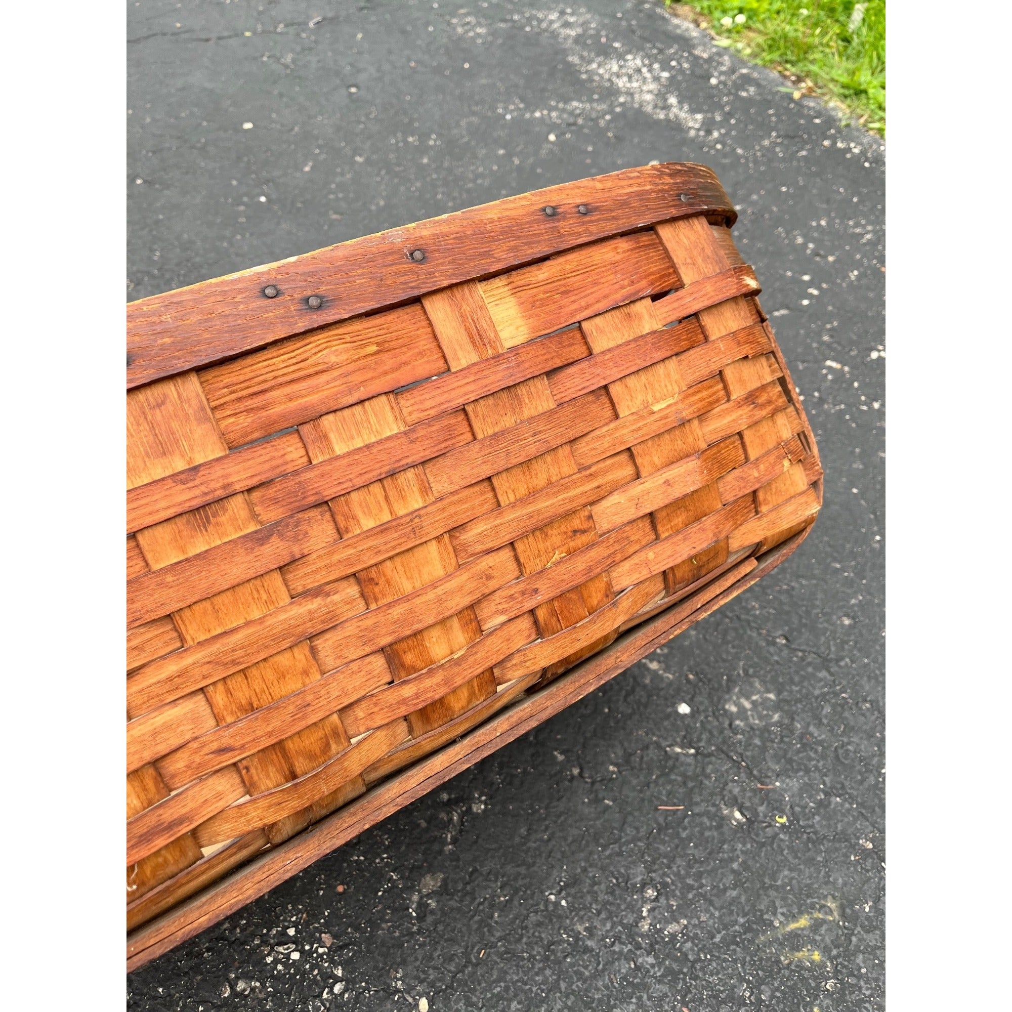 Antique Primitive Ballou Farm produce Market Basket Becket Mass Large Ash Splint Farmhouse
