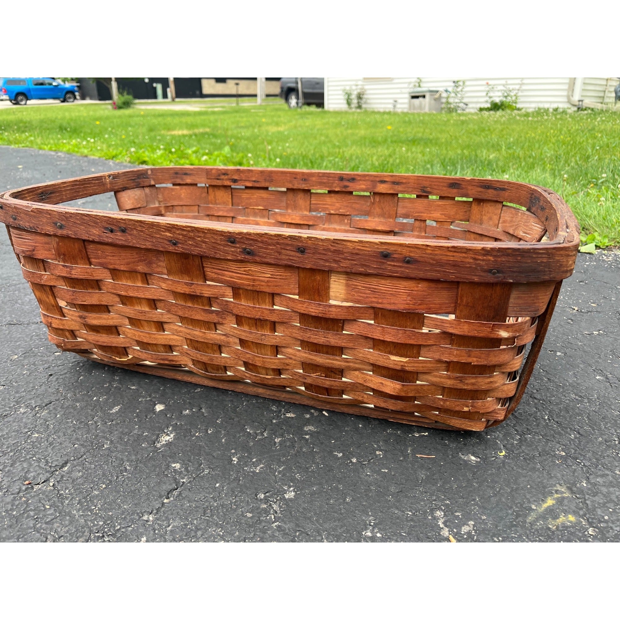 Antique Primitive Ballou Farm produce Market Basket Becket Mass Large Ash Splint Farmhouse