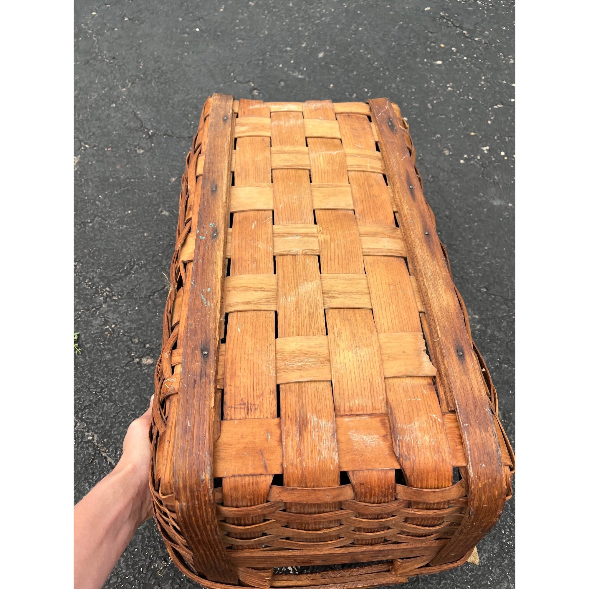 Antique Primitive Ballou Farm produce Market Basket Becket Mass Large Ash Splint Farmhouse