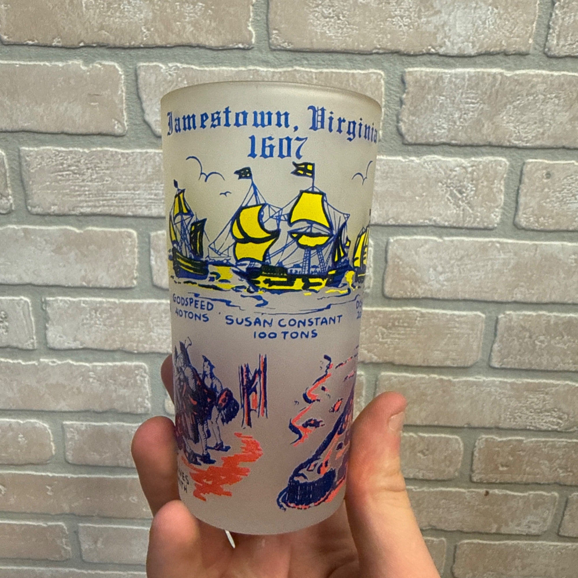 Vintage Frosted Drinking Glass, Jamestown, Virginia 1607 American Colonial History