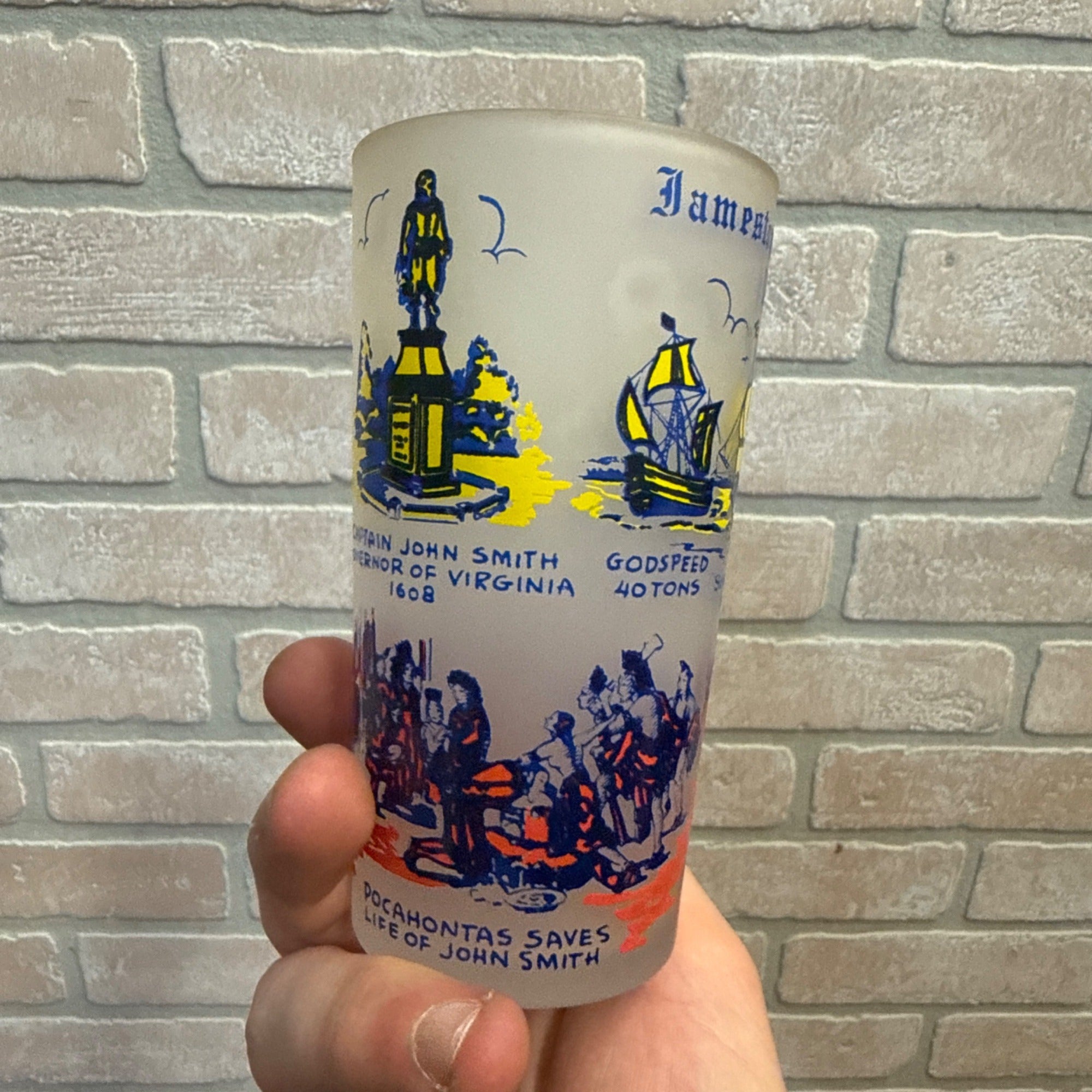 Vintage Frosted Drinking Glass, Jamestown, Virginia 1607 American Colonial History