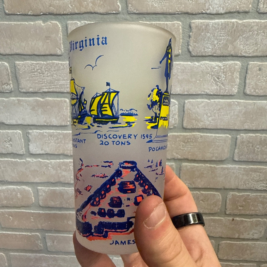 Vintage Frosted Drinking Glass, Jamestown, Virginia 1607 American Colonial History