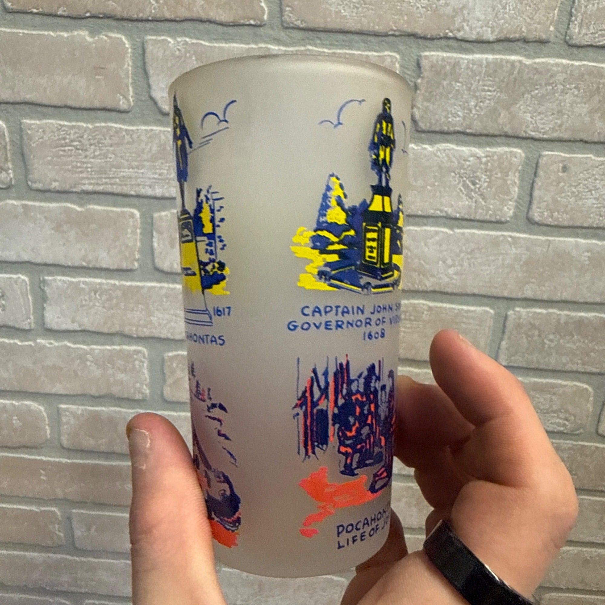 Vintage Frosted Drinking Glass, Jamestown, Virginia 1607 American Colonial History