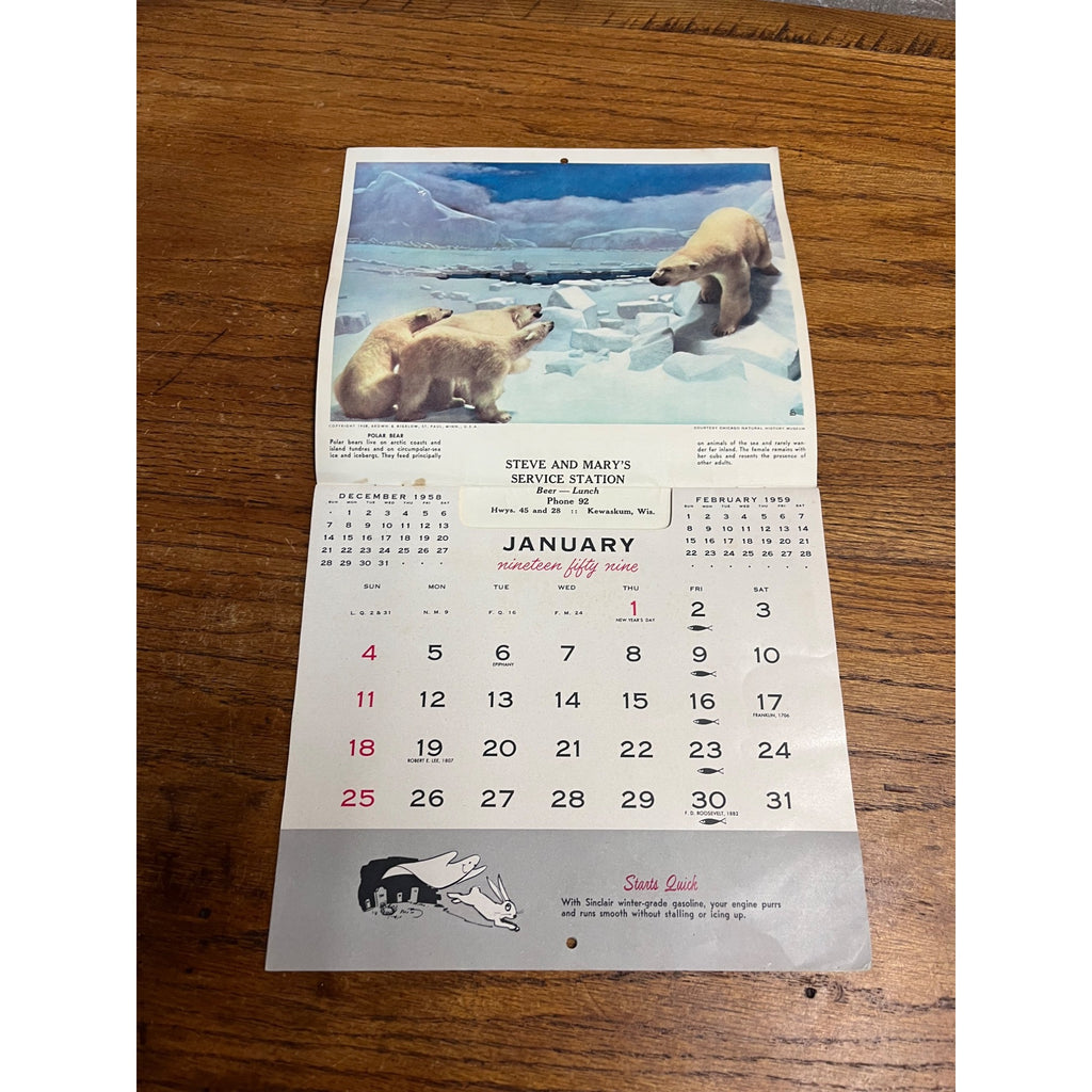 Vintage 1959 Sinclair Service Station Oil Calendar Sign Advertising Kewaskum WI