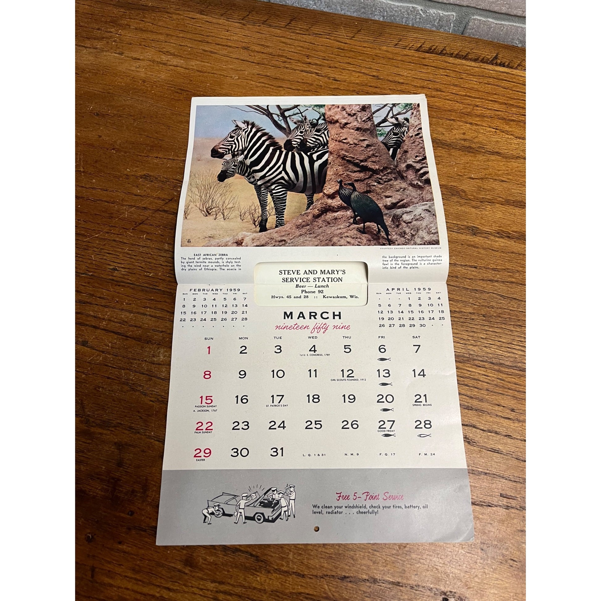 Vintage 1959 Sinclair Service Station Oil Calendar Sign Advertising Kewaskum WI