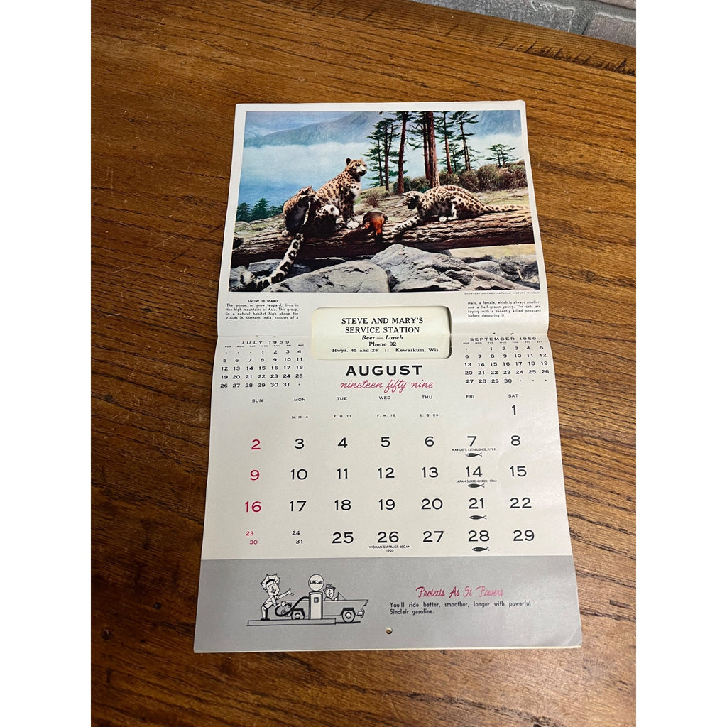 Vintage 1959 Sinclair Service Station Oil Calendar Sign Advertising Kewaskum WI