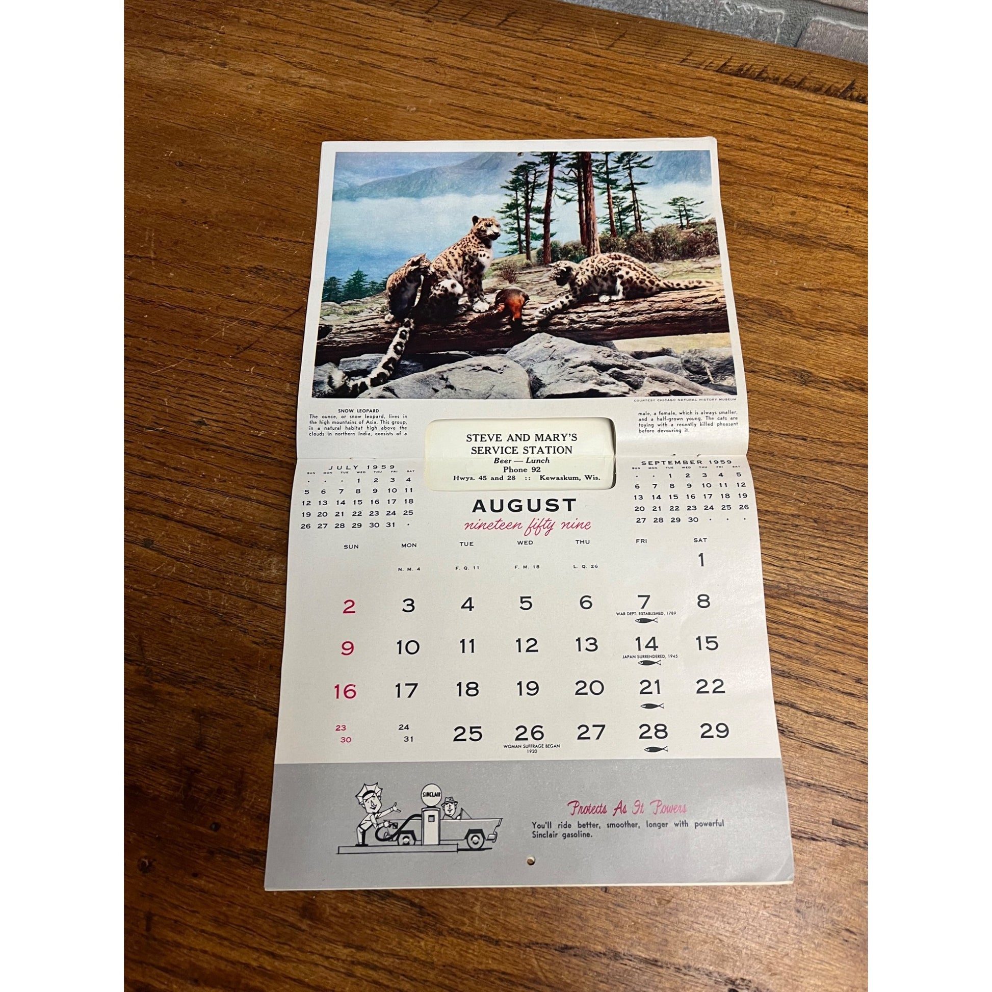 Vintage 1959 Sinclair Service Station Oil Calendar Sign Advertising Kewaskum WI