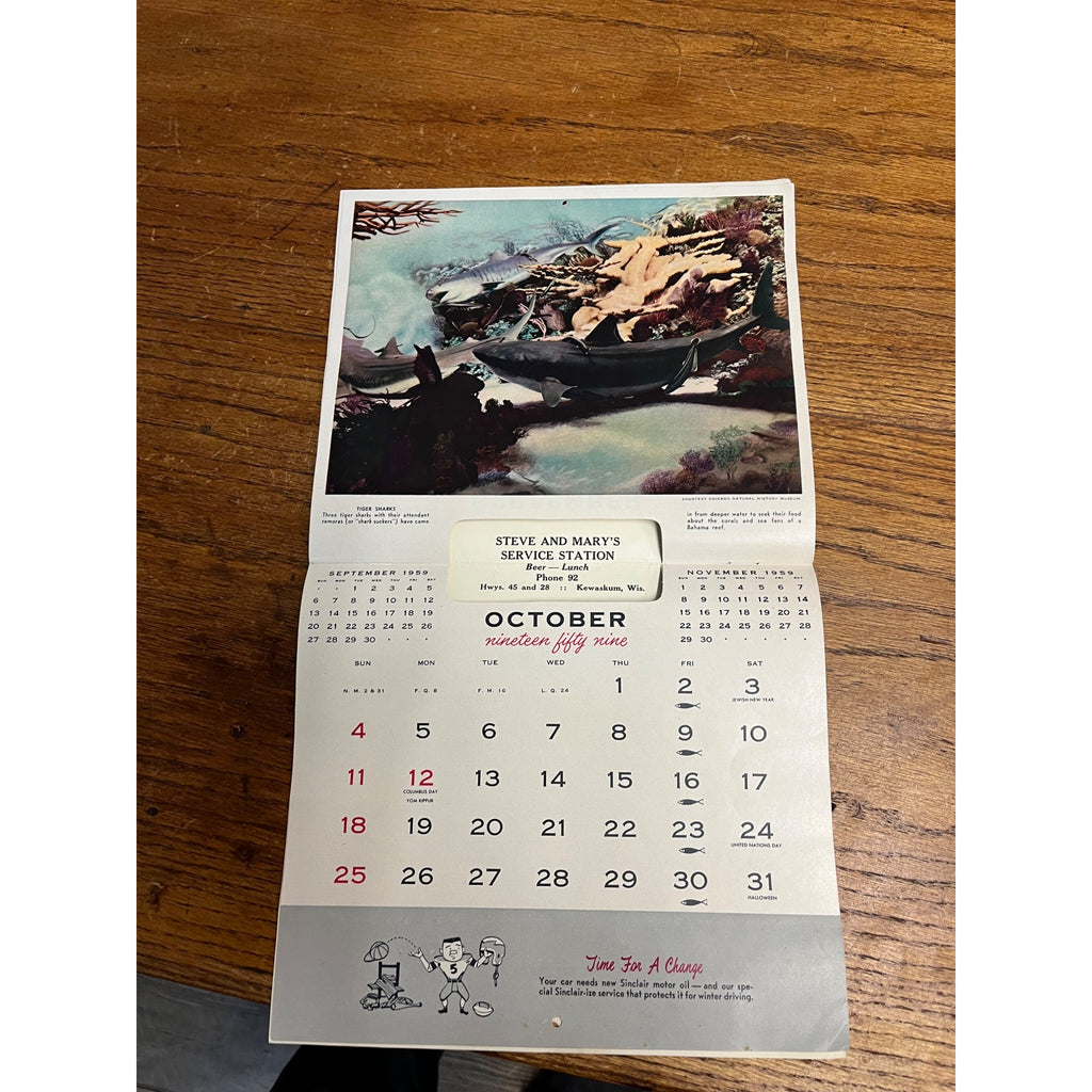 Vintage 1959 Sinclair Service Station Oil Calendar Sign Advertising Kewaskum WI