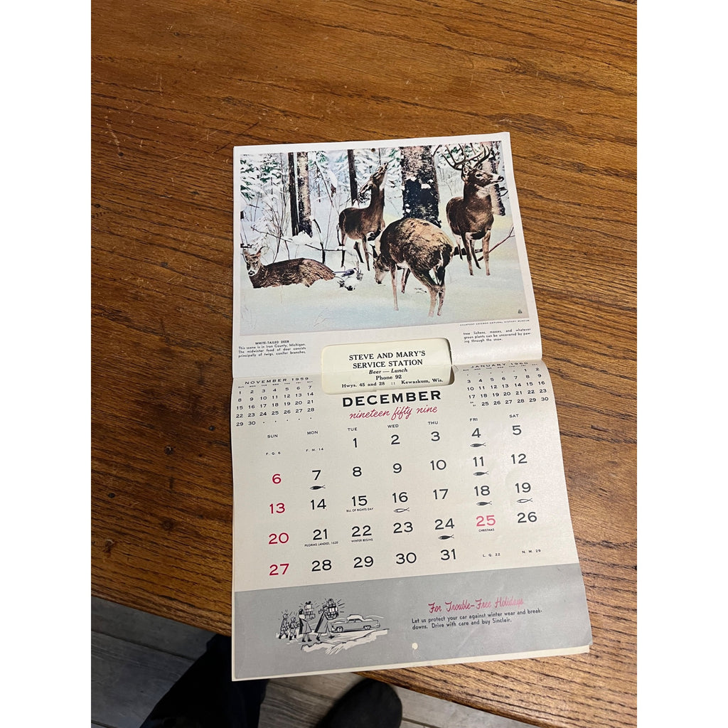 Vintage 1959 Sinclair Service Station Oil Calendar Sign Advertising Kewaskum WI