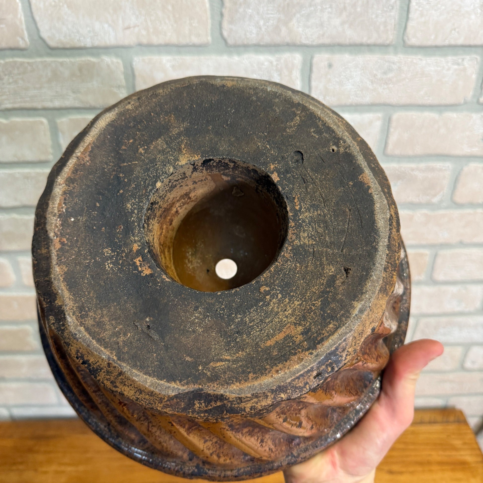 Antique Primitive 19th c. Redware Brown Stoneware Pottery Bundt Cake Pan 11"