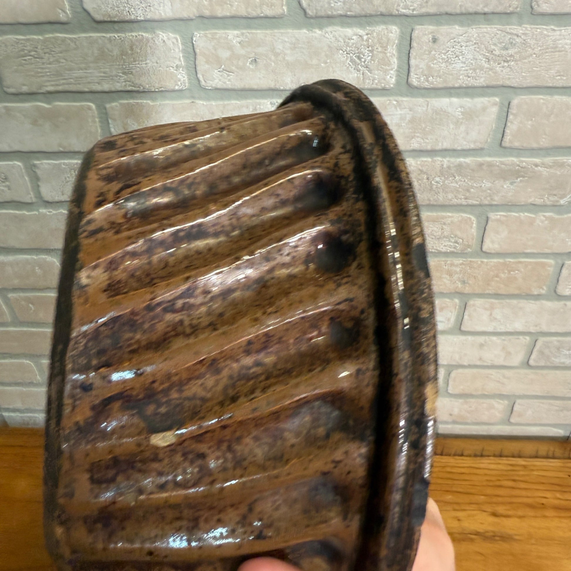 Antique Primitive 19th c. Redware Brown Stoneware Pottery Bundt Cake Pan 11"