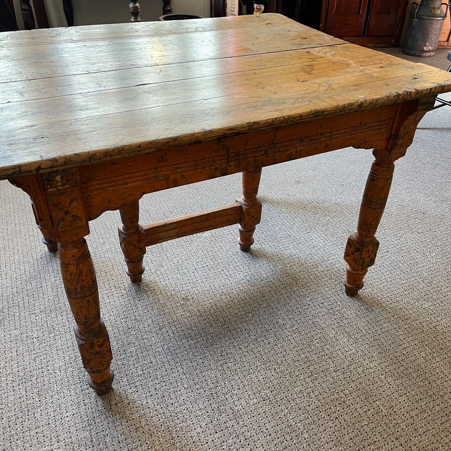 Antique Primitive Spoon Carved Wooden Dining Table Chippy Orange Paint