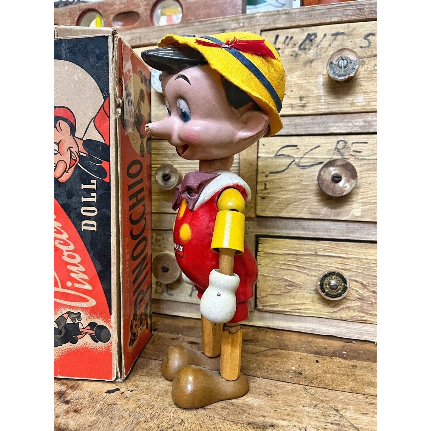 Vintage 18" PINOCCHIO Wooden Articulated Doll by Ideal Novelty & Toy Co. w/ Box