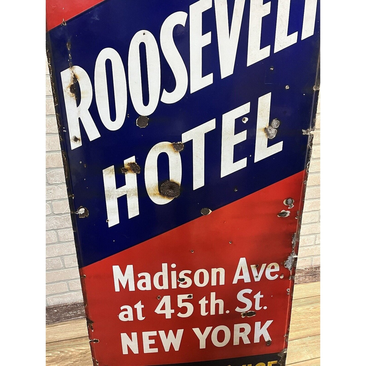 Vintage Roosevelt Hotel New York City Original Porcelain Advertising Sign Garage