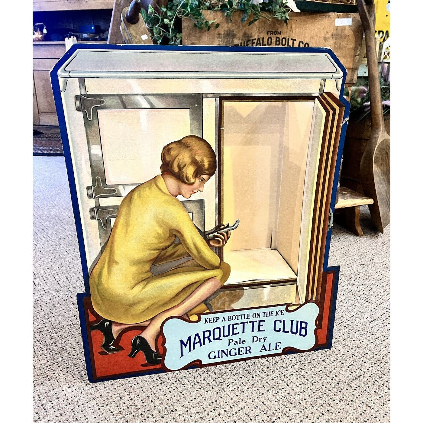 Vintage 1930s Marquette Club Ginger Ale Ice Box Advertising Store Display Sign