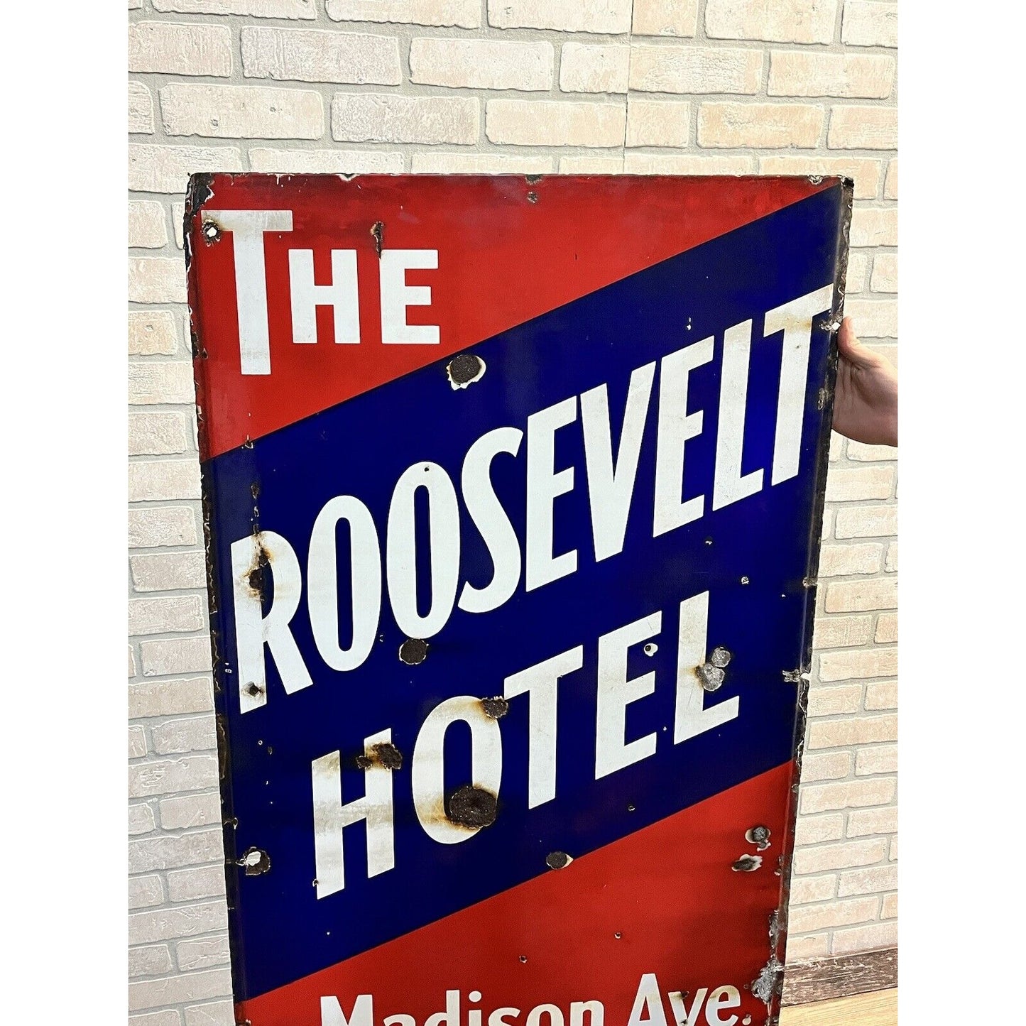 Vintage Roosevelt Hotel New York City Original Porcelain Advertising Sign Garage