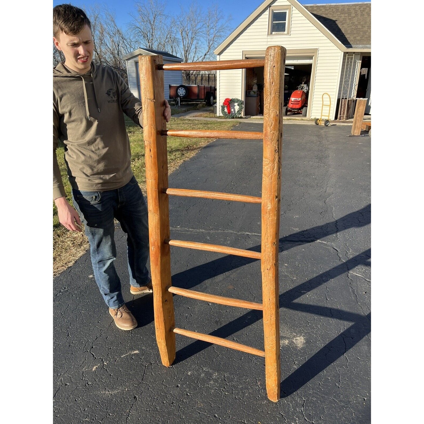 Antique 19th Century 1800s Primitve Barn Ladder Hand-Hewn Wood AAFA