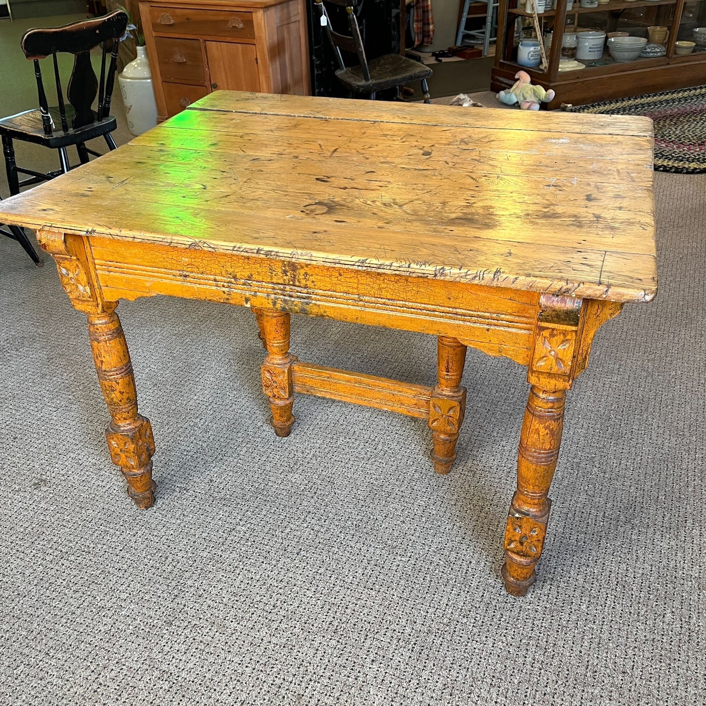 Antique Primitive Spoon Carved Wooden Dining Table Chippy Orange Paint