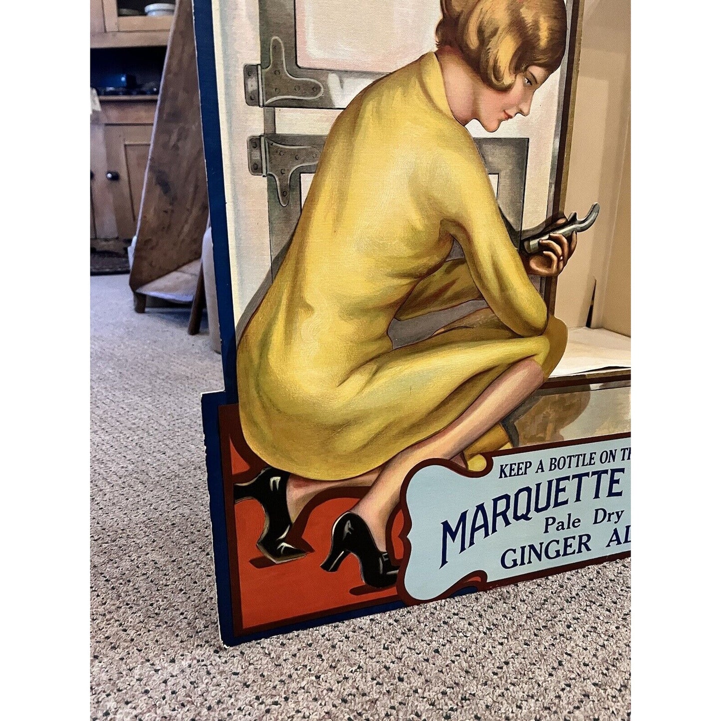 Vintage 1930s Marquette Club Ginger Ale Ice Box Advertising Store Display Sign