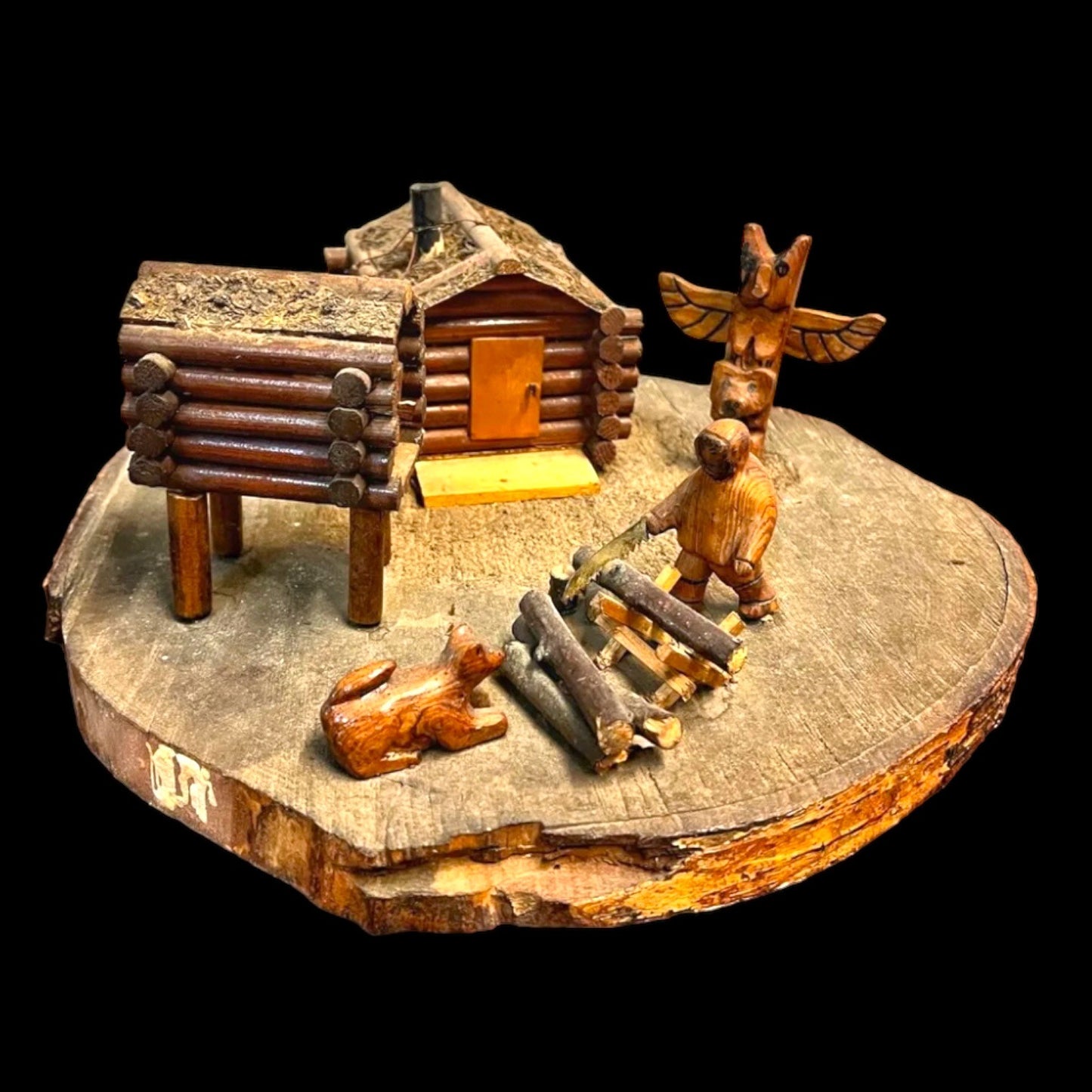 Vintage 1950s Alaskan Eskimo Inuit Cabin Scene Folk Art Vignette Figure Decor