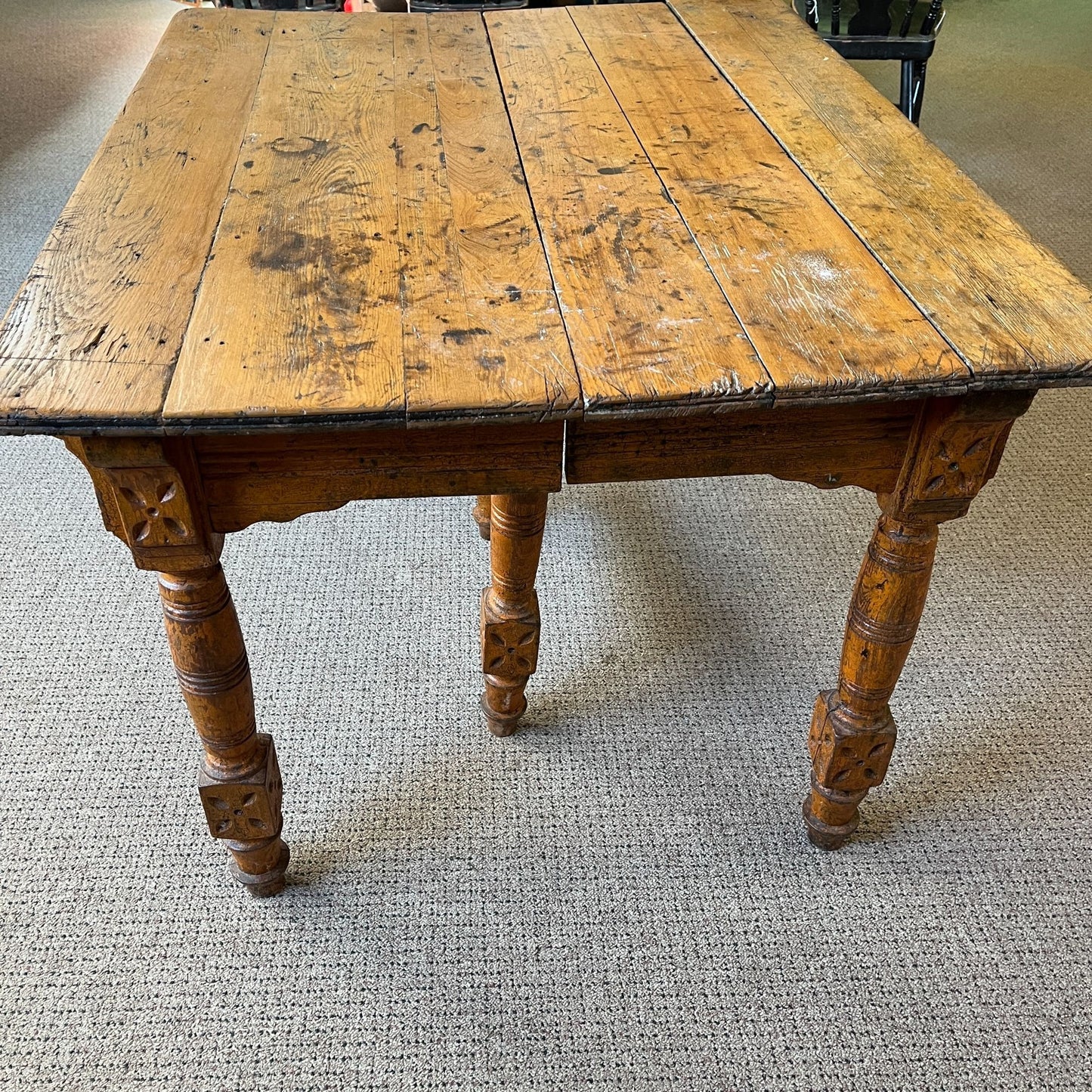 Antique Primitive Spoon Carved Wooden Dining Table Chippy Orange Paint