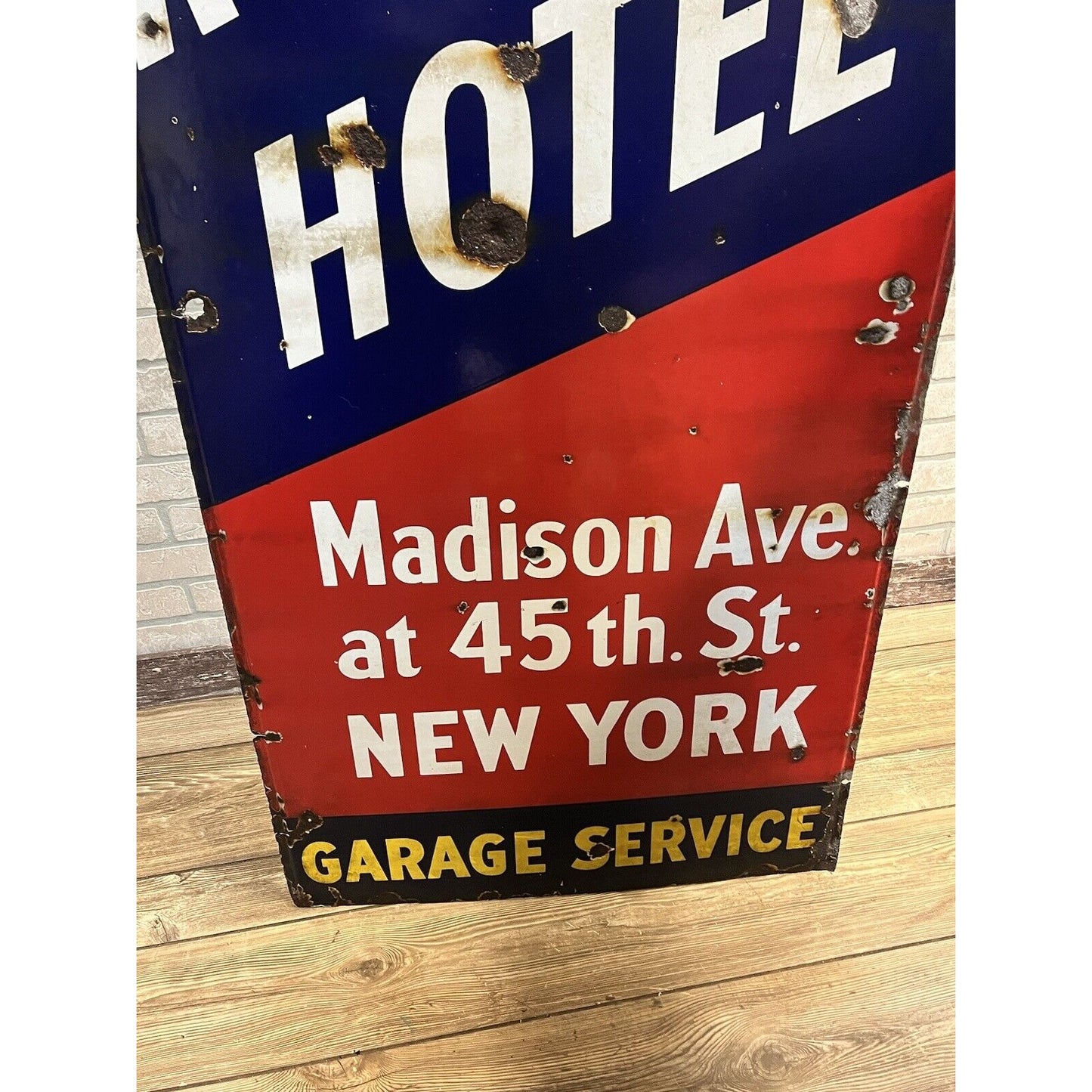 Vintage Roosevelt Hotel New York City Original Porcelain Advertising Sign Garage